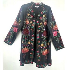 TravelSmith Floral Embroidered Silk Duster Jacket Kimono Boho Size L Cottagecore